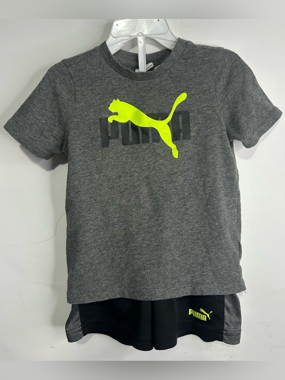 Puma Boys 24M Matching Set Gray Neon Yellow Black Shirt and Shorts Outfit
